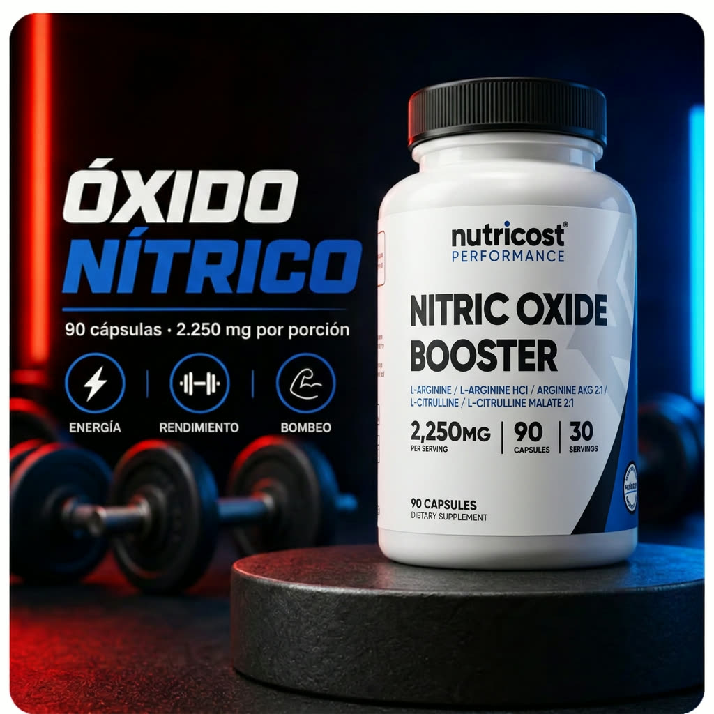 Suplemento de óxido nítrico Nutricost Performance: frasco blanco de 90 cápsulas con 2.250 mg por porción