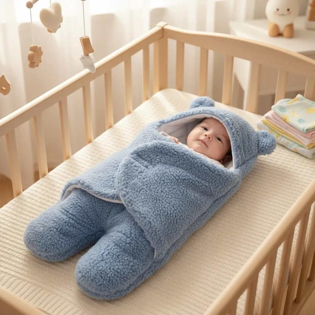 Bebé durmiendo abrigado en la cuna con el cobertor térmico tipo peluche [lr:1r0ptlb]