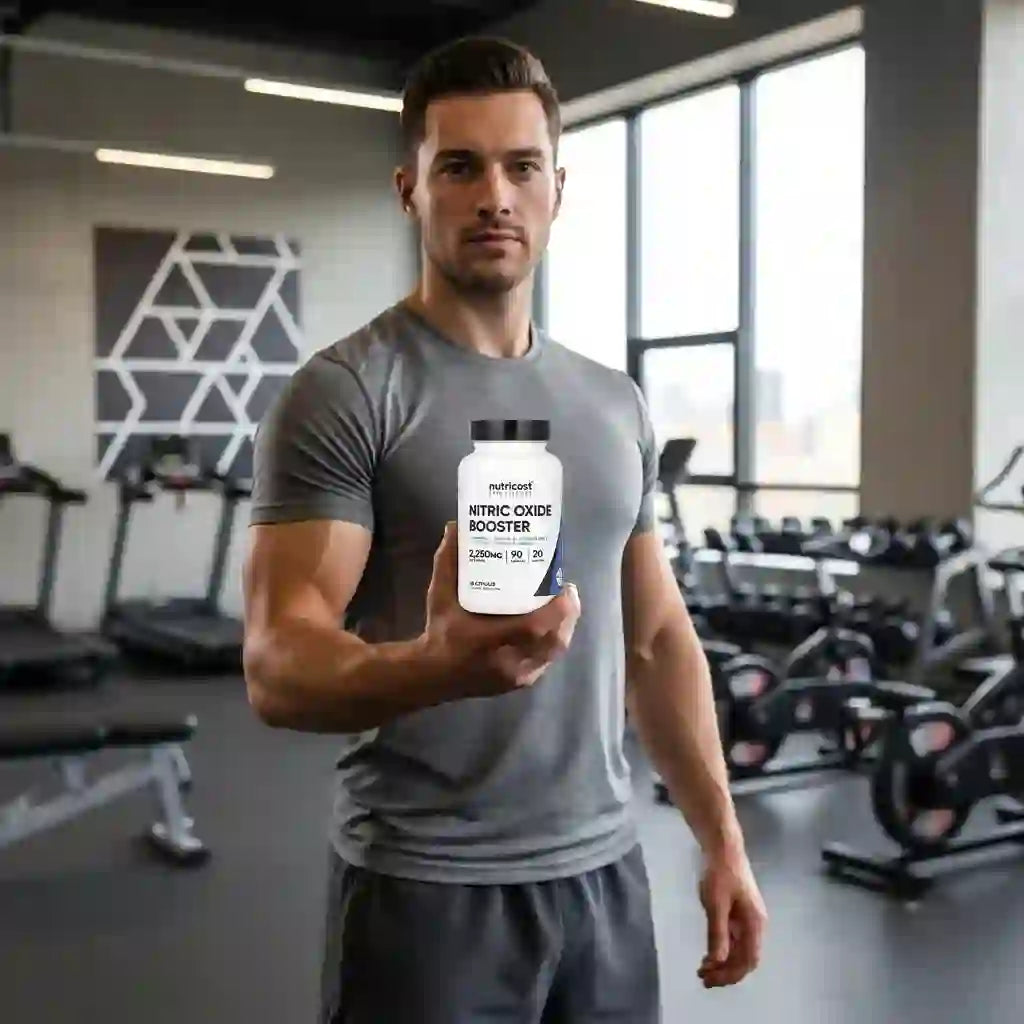 Hombre en el gimnasio sosteniendo el frasco del suplemento de óxido nítrico antes de entrenar