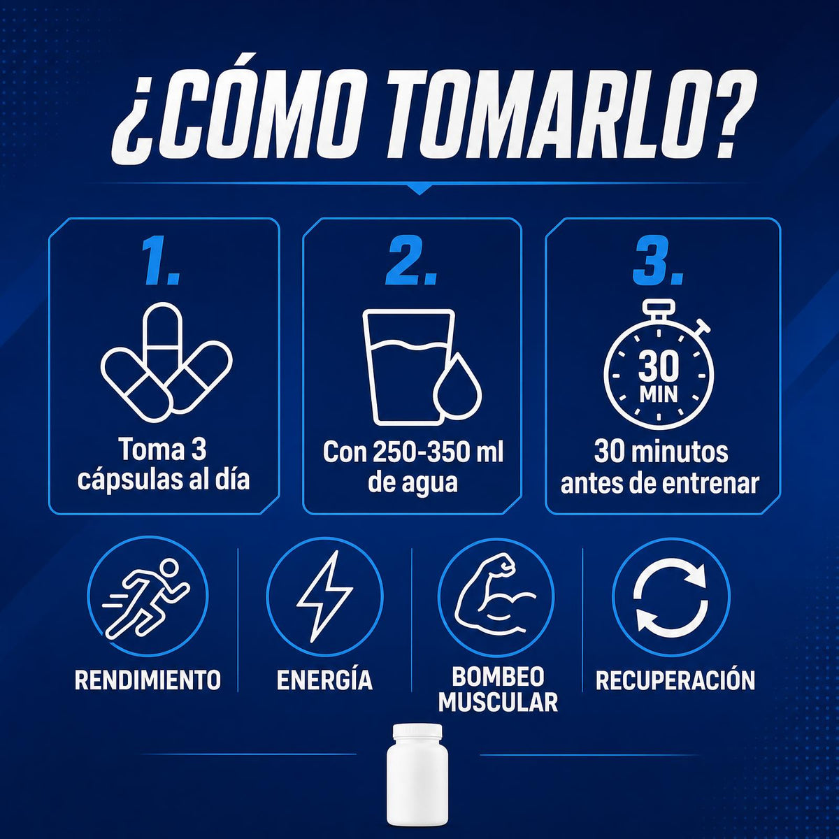 Modo de uso: 3 cápsulas al día con agua, 30 minutos antes de entrenar