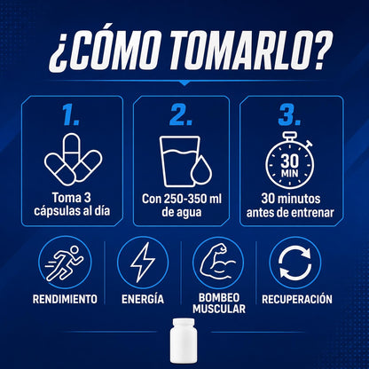 Modo de uso: 3 cápsulas al día con agua, 30 minutos antes de entrenar