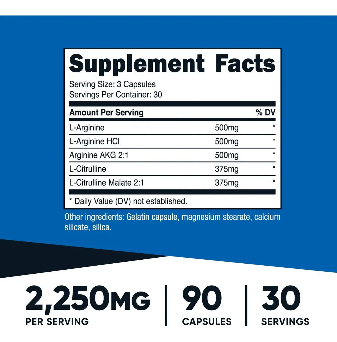 Tabla nutricional del suplemento: 90 cápsulas, 30 porciones, 2.250 mg por porción