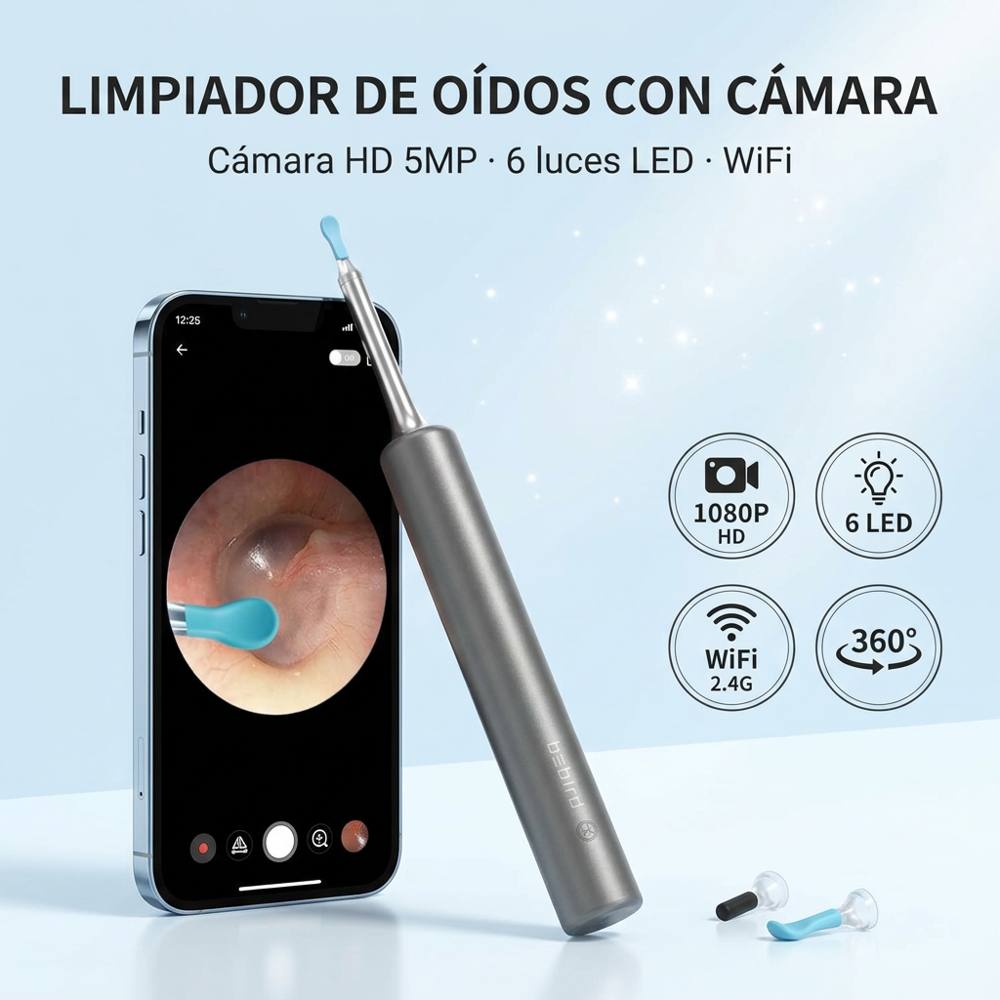 Limpiador de oídos con cámara HD y luz LED conectado al celular