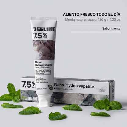 Detalle del tubo y la caja de la pasta dental de menta natural de 120 g [lr:164xkvs]
