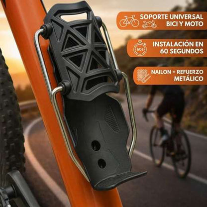 Portabidón negro de nailon con refuerzos metálicos instalado en el cuadro de una bicicleta