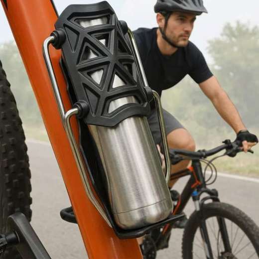 Ciclista pedaleando con el termo sujeto por el portabidón